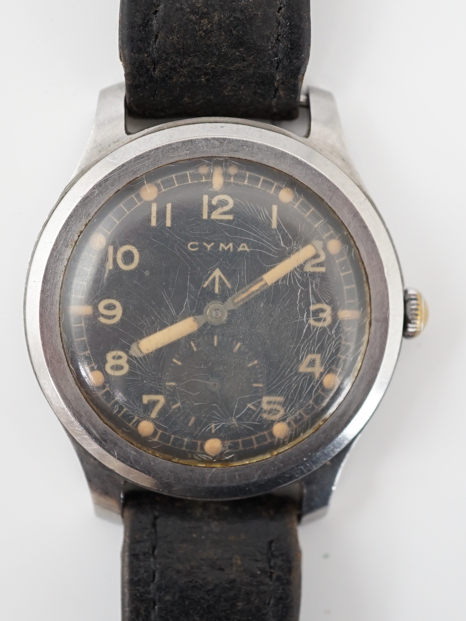 A gentleman's stainless steel WWII Cyma 'Dirty Dozen' military manual wind wrist watch